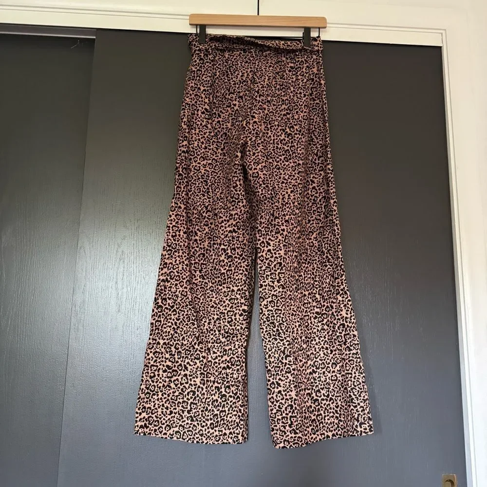 Reformation Women’s Linen Wide Leg Animal Print Trousers with Tie Waist sz 0